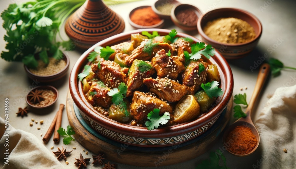 Authentic Moroccan Chicken Tagine on white background.
