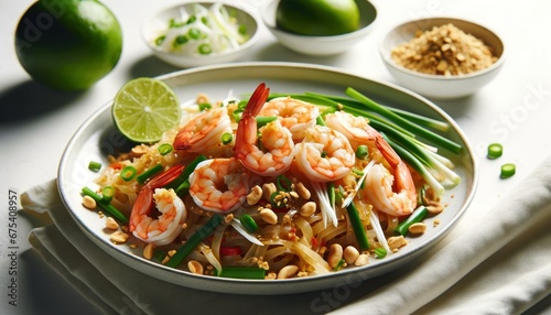 Gourmet Pad Thai with shrimp and lime on white plate. 