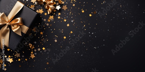 New Year banner with Christmas, Top view photo of black gift box with gold ribbon bow tag and golden decorations on black background, generative ai