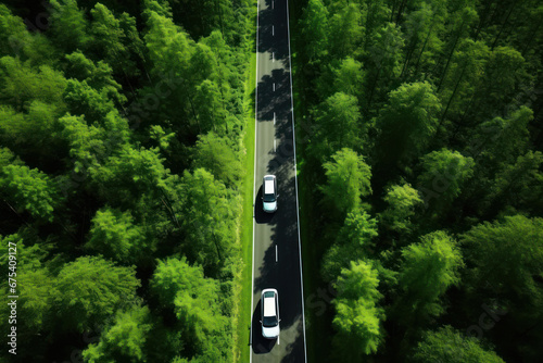 Car Journey through Green Woodlands, Aerial View
