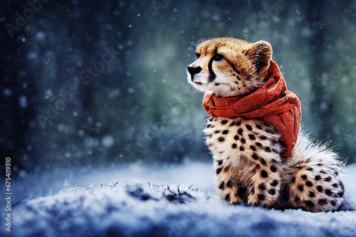 Winter wonderland. Adorable snow-blanketed cheetah cub in a vibrant red scarf