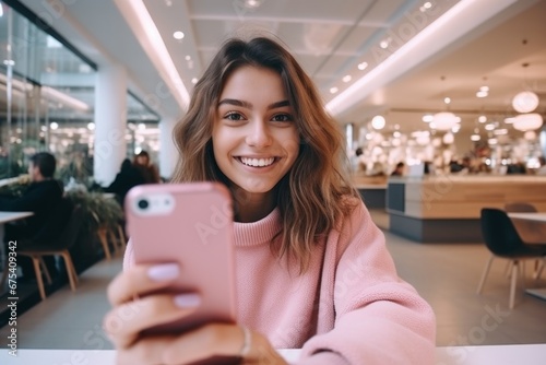 happy woman takes a selfie on a smartphone against the background of a cafe