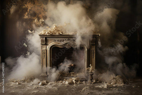 A fireplace filled with ashes and a layer of dust shows it hasn't been used for an extended period