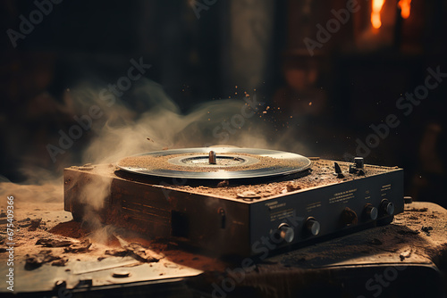 A vintage record player sits untouched, covered in a layer of dust and begging to be restored to its former glory