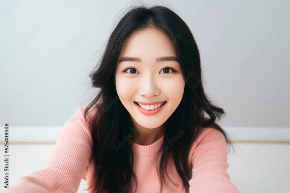 happy asian woman takes a selfie on a smartphone against the background of a house happy asian woman takes a selfie on a smartphone against the background of a house