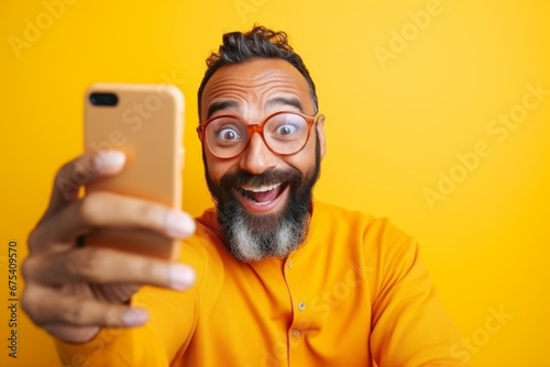 happy indian man taking selfie on smartphone on yellow background
