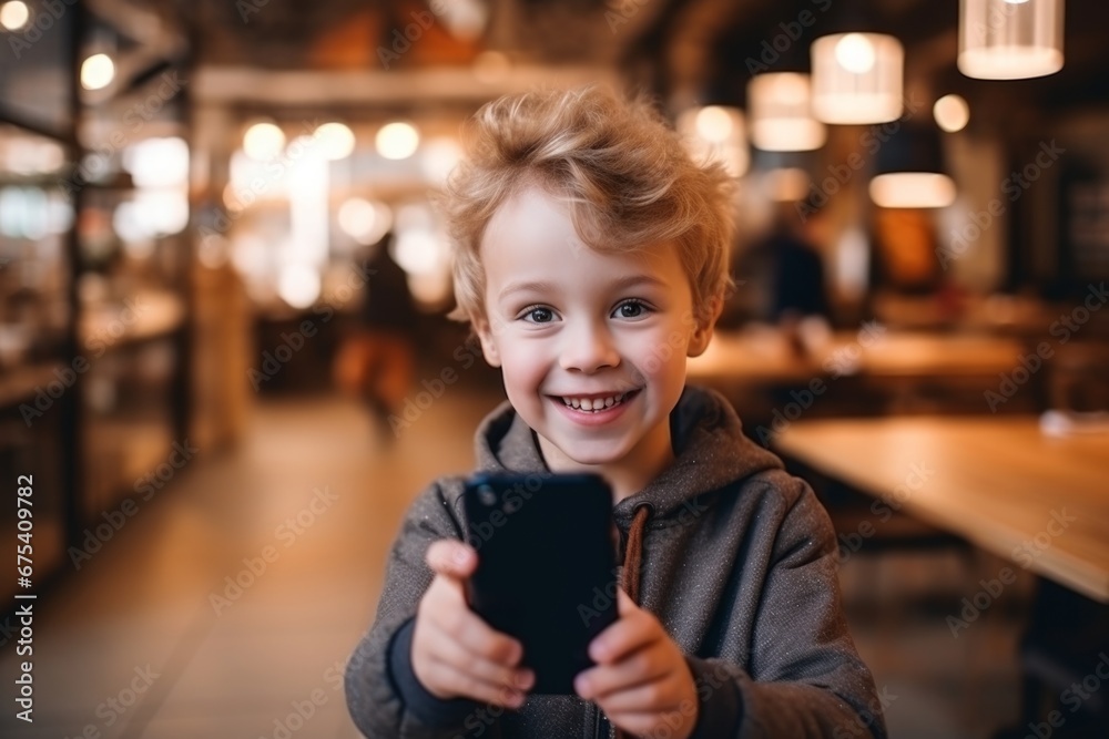 happy child boy takes a selfie on a smartphone against the background of a cafe happy child boy takes a selfie on a smartphone against the background of a cafe