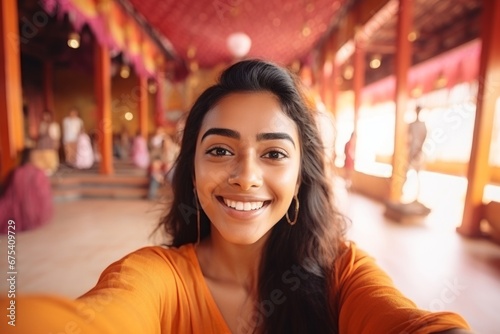 happy indian woman takes a selfie on a smartphone against the background of a house
