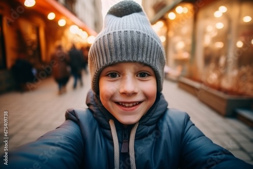 happy child boy takes a selfie on a smartphone against the background of a house © vasyan_23