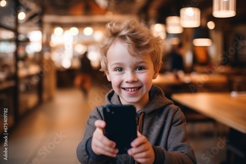 happy child boy takes a selfie on a smartphone against the background of a cafe