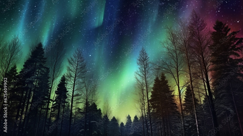 Spectacular Aurora Borealis Over a Serene Forest Landscape