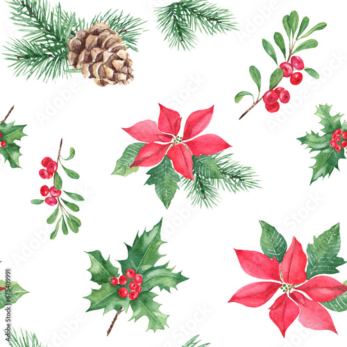 Christmas hand drawn seamless pattern with winter plants. Forest pine branches with cone, holly with red berries, red poinsettia and cowberry or lingonberry. For fabric or textile prints, gift