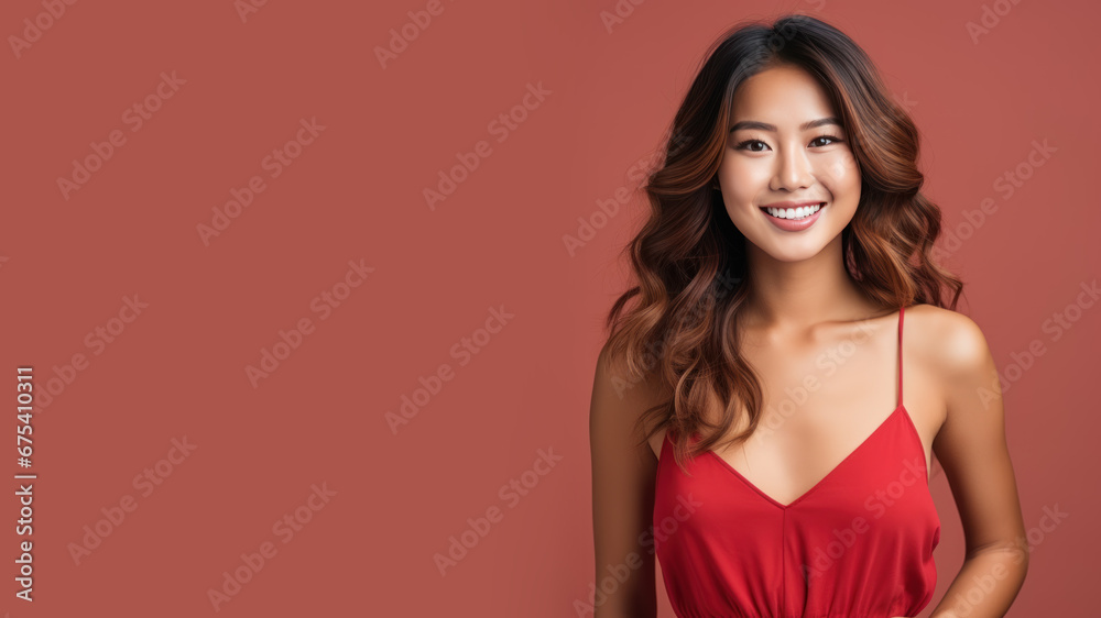 Asian woman model wear a red sundress isolated on pastel background