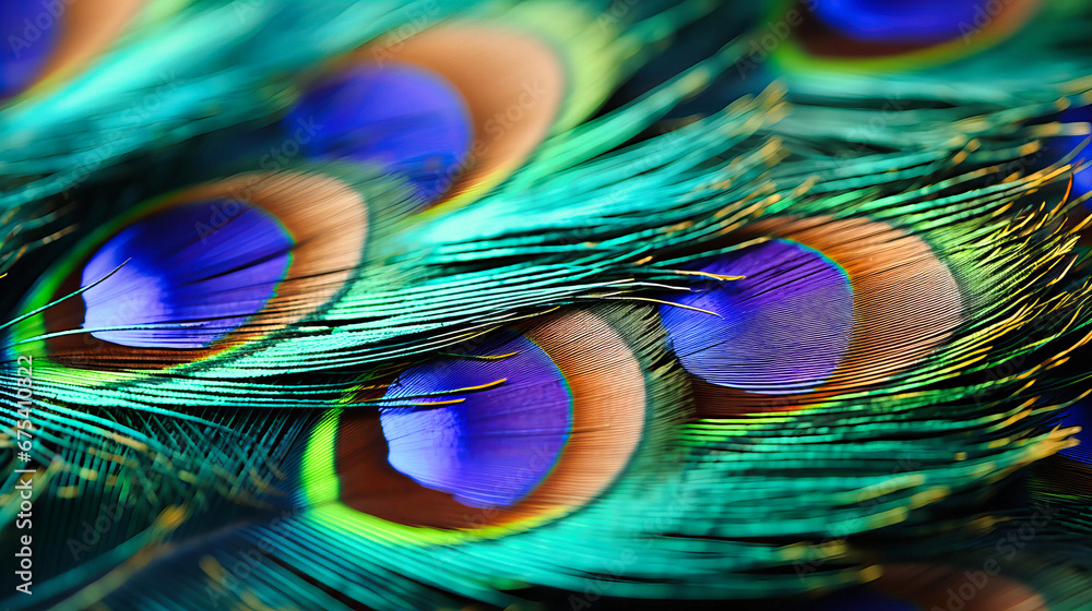 Fototapeta premium Macro of peacock feather, Nature's masterpiece, Iridescent eye with delicate filaments