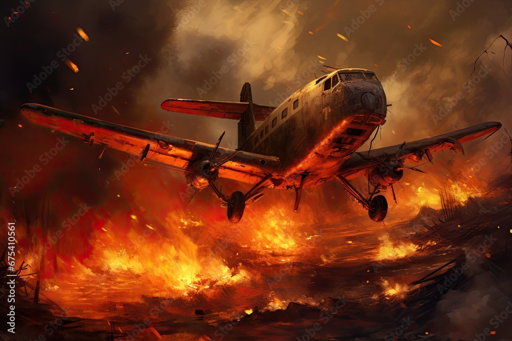 Airplane in the flames of a fire. 3D illustration, The plane crashed to the ground, AI Generated - obrazy, fototapety, plakaty 