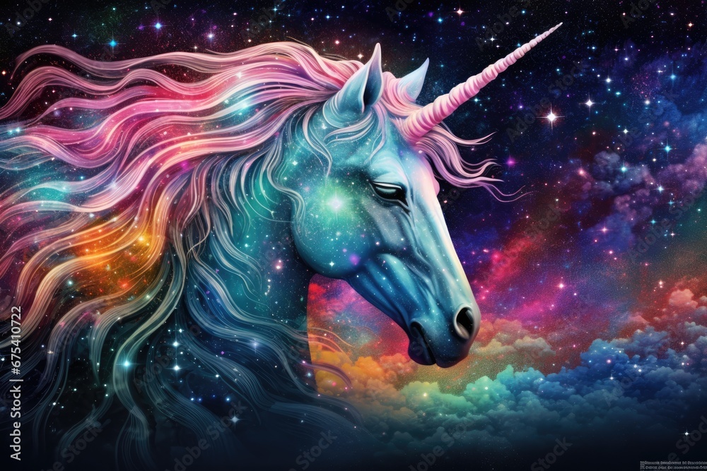 Unicorn in cosmic space. Fantasy unicorn with rainbow mane, Pointillism space unicorn majestic colorful stars magical fantasy, AI Generated Unicorn in cosmic space. Fantasy unicorn with rainbow mane, Pointillism space unicorn majestic colorful stars magical fantasy, AI Generated