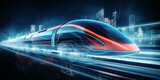 A futuristic high-speed train travels through the city at high speed. digital Ai