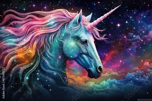 Unicorn in cosmic space. Fantasy unicorn with rainbow mane, Pointillism space unicorn majestic colorful stars magical fantasy, AI Generated