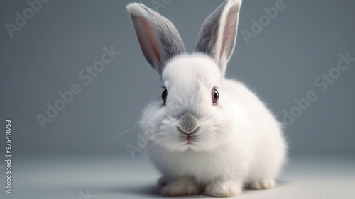Cute white rabbit sitting on gray background. 3d rendering. © Ahsan ullah