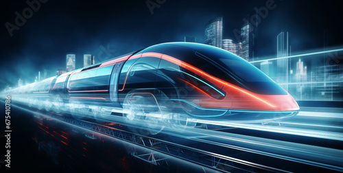 A futuristic high-speed train travels through the city at high speed. digital Ai photo
