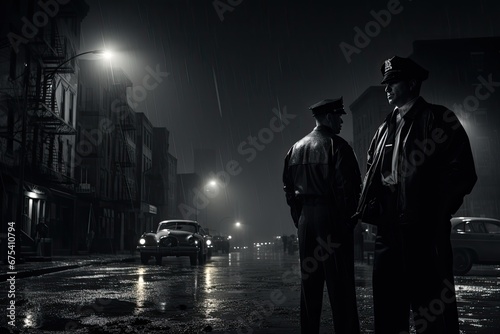 Two police officers standing on the street in a foggy night  policemen standing on the street corner overlooking a crime scene  cops in the big city  noir novel or film style  AI Generated
