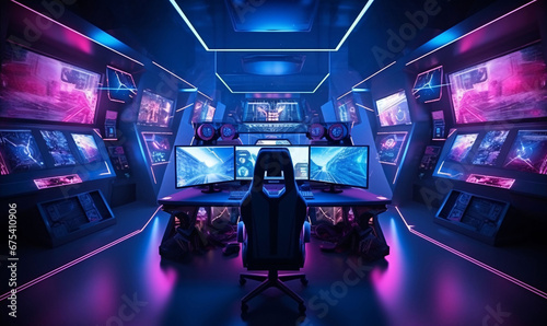 Controlling admin room with multiple monitors and powerful hardware. A computer game room for enthusiasts is the second possibility of using the room. generative Ai photo