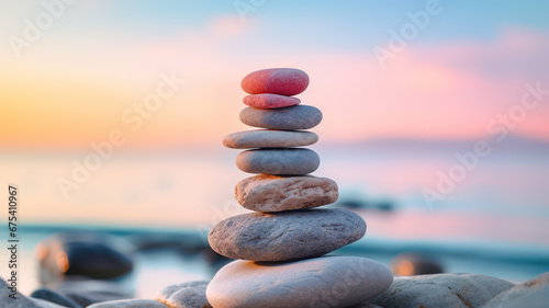 Zen stone tower with peaceful sea and sky bokeh