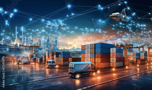 The concept of a virtual business network, cargo transportation of containerized goods for world trade Import Export. generative Ai