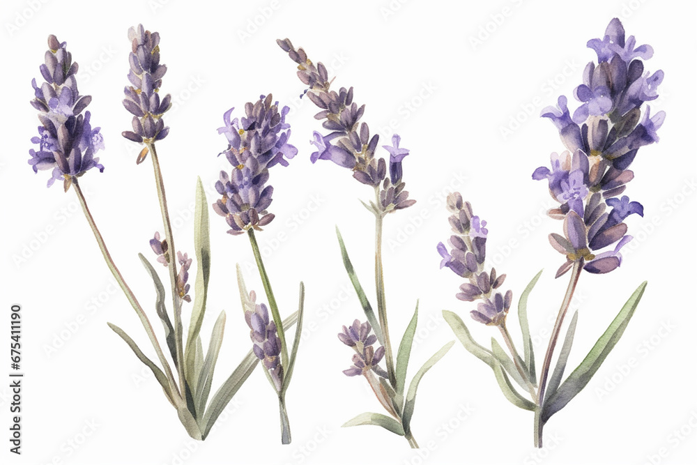 Watercolor lavender flowers set. Hand drawn illustration isolated on white background
