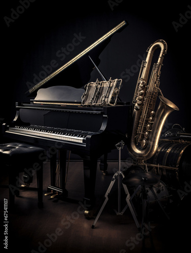 Mixture of abstract piano, saxophone and drums. Background image for music studio or jazz concert. AI generated photo