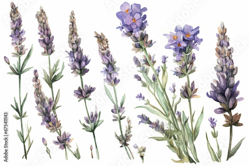 Watercolor lavender flowers set. Hand drawn illustration isolated on white background