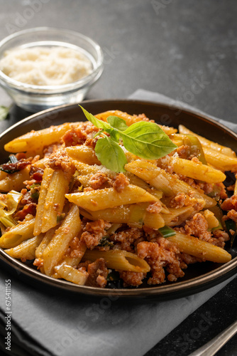 Pasta bolognese with minced meat and cheese. 