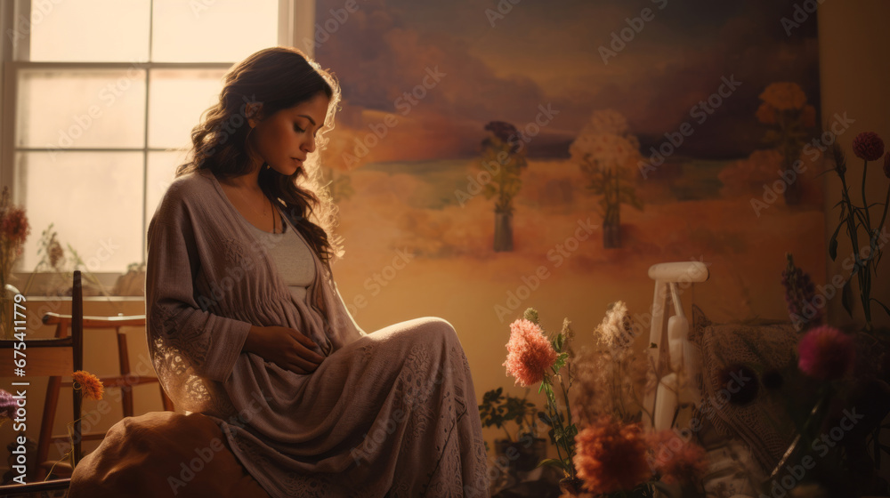 Fototapeta premium Generative ai pregnant woman at home in soft warm light