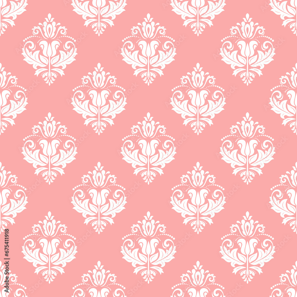 Classic seamless bright red and white pattern. Damask orient ornament. Classic vintage background. Orient pattern for fabric, wallpapers and packaging Classic seamless bright red and white pattern. Damask orient ornament. Classic vintage background. Orient pattern for fabric, wallpapers and packaging