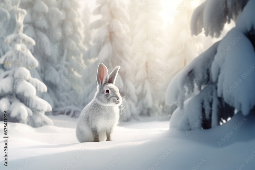 Cute white rabbit in winter forest. Easter bunny in snowy forest.