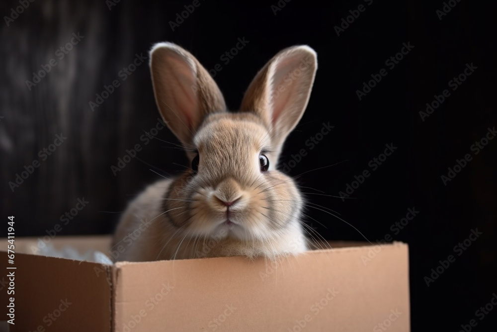 Rabbit in a cardboard box on a black background close-up