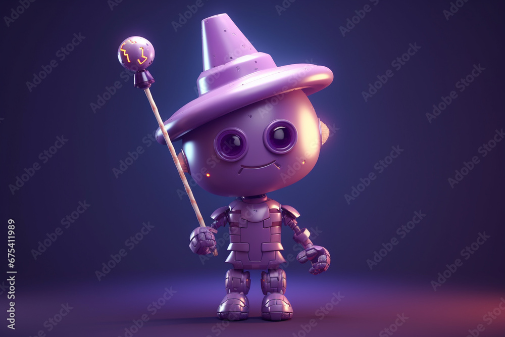 3d render of little robot in halloween costume with magic wand