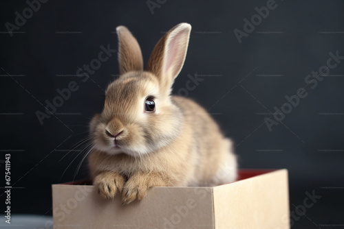 Obraz na płótnie Rabbit in a cardboard box on a black background close-up w salonie