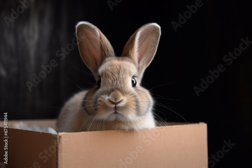 Obraz na płótnie Rabbit in a cardboard box on a black background close-up w salonie
