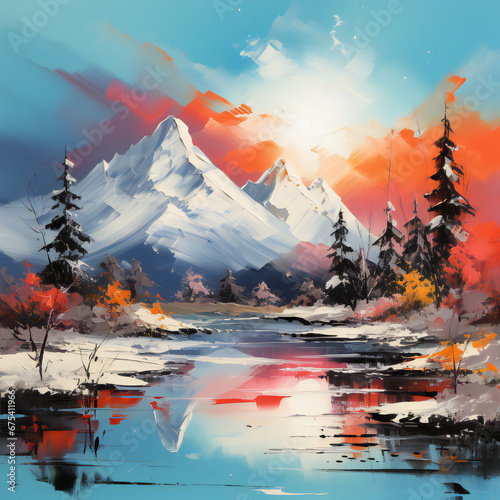 Scenic view of forest, mountain and lake. Red sunset in the snow covered mountains reflected in the green lake in winter. Watercolour illustration. 