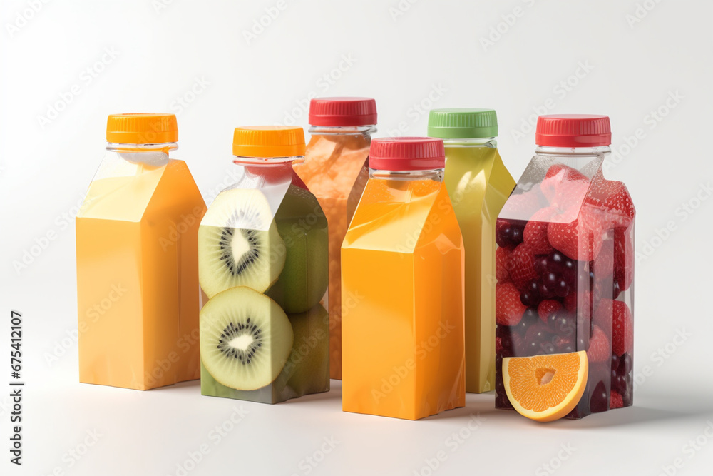 Bottles of fresh juice with fruits and vegetables on a white background
