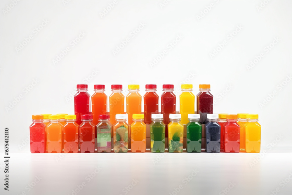 Bottles of fresh juice with fruits and vegetables on a white background