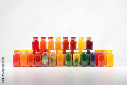 Bottles of fresh juice with fruits and vegetables on a white background