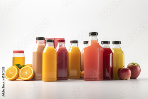 Bottles of fresh juice with fruits and vegetables on a white background