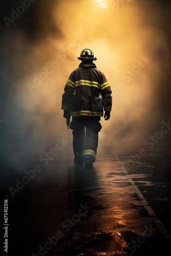 full view of a firefighter fireman walking away - rear back view - walking alone in the smoke