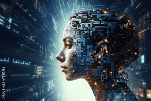 Beautiful young woman with a digital neural circuits in her head in a technology room. Concept of artificial intelligence  future  technology  innovation  etc.