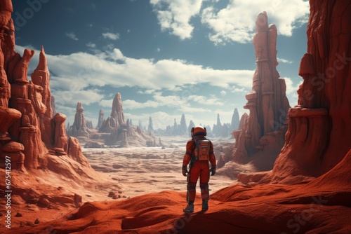 Amidst rust-colored dunes, an astronaut's suit gleams against Mars’ desolation, symbolizing the zenith of interplanetary travel.