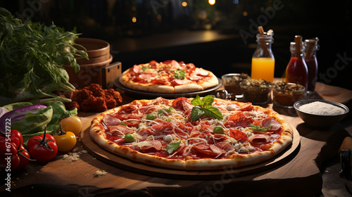 pizza with salami and tomatoes HD 8K wallpaper Stock Photographic Image