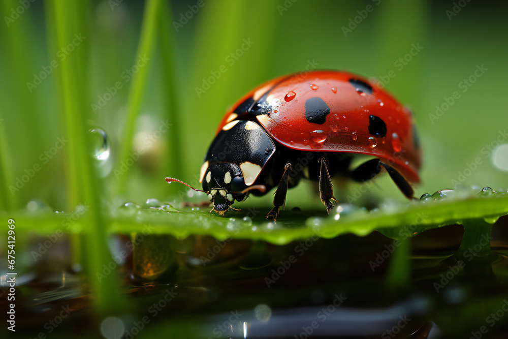 Portrait of a red ladybug on a green leaf in raining day. Macro. Wild life. 