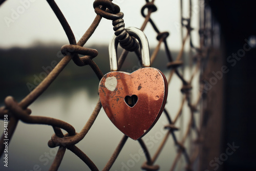 Close-up of a heart-shaped padlock attached to a bridge, symbol of everlasting love